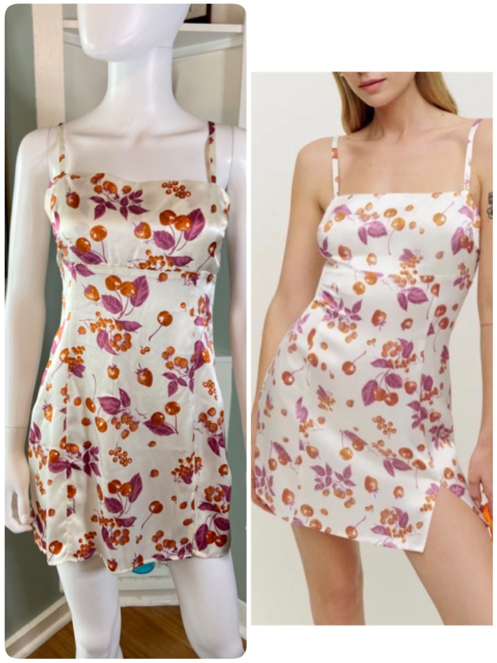 Reformation Jasmin Fruit Print Silk Satin Mini Slip Dress Parfait Sz 2 Cherries